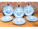 Set Of Seven Antique Chinese Export Blue And White Canton Pattern Porcelain Plates
