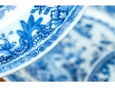 Set Of Seven Antique Chinese Export Blue And White Canton Pattern Porcelain Plates