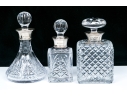 Group Of Three English Cut Glass Decanters Or Perfumes With Sterling Silver Collars