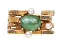 10k Yellow Gold Vintage Brutalist Style Nephrite Jade And Seed Pearl Set Ring, Size 4.75