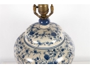 Blue And White Floral Crackle Glaze Ginger Jar Lamp On Wood Base