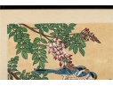 Framed Asian Painting On Silk Of Blue Jays And Blossoms