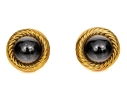 Turi 18k Yellow Gold Fabulous Retro Cabachon Black Onyx And Ribbed Border Clip On Earrings