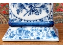 Pair Of Decorative Blue And White Twin Handled Square Beaker Vases