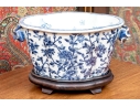 Decorative Chinese Export Style Twin Handled Jardiniere With Wood Stand