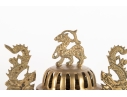 Chinese Brass Censer With Dragon Handles And Mythical Beast Finial
