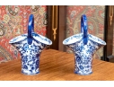 Decorative Chinese Pair Of Blue And White Basket Form Vases