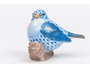 Herend Hungary Hand-Painted Porcelain Stout Bird Figure On Branch, Blue Fishnet Pattern