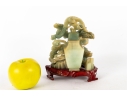 Carved Green Jade Dragon And Qilin Sculpture On Wood Base