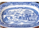 Antique English Blue Willow Serving Tray On Hepplewhite Style Wood Frame