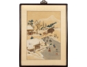 Framed Korean Painting On Silk Depicting Winter Village Scene