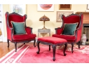 Pair Of Custom Upholstered Queen Anne Style Armchairs With Associated Ottoman
