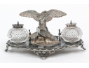 English Silver Plated Inkwell With Two Crystal Inkwells