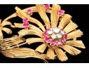 Karbra Yellow Gold Magnificent Vintage Ruby And Diamond Flower Cluster Brooch
