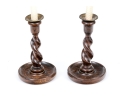 Pair Of Oak And Brass Barley Twist Candlesticks