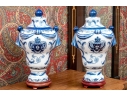 Pair Of Decorative Chinese Export Armorial Lidded Urns