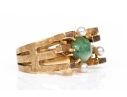 10k Yellow Gold Vintage Brutalist Style Nephrite Jade And Seed Pearl Set Ring, Size 4.75