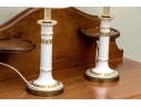 Pair Of Gilt Decorated Ceramic Candle Form Table Lamps