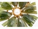 Vintage Synthetic Nephrite And Cultured Pearl Flower Motif Costume Jewelry Brooch