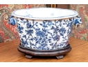 Decorative Chinese Export Style Twin Handled Jardiniere With Wood Stand