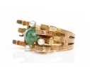 10k Yellow Gold Vintage Brutalist Style Nephrite Jade And Seed Pearl Set Ring, Size 4.75