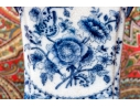 Pair Of Decorative Blue And White Twin Handled Square Beaker Vases
