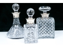 Group Of Three English Cut Glass Decanters Or Perfumes With Sterling Silver Collars