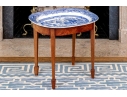 Antique English Blue Willow Serving Tray On Hepplewhite Style Wood Frame