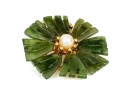 Vintage Synthetic Nephrite And Cultured Pearl Flower Motif Costume Jewelry Brooch