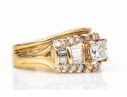 14k Radiant, Cut, Round And Baguette Diamond Ring With Attached Band, App. 1.02 TCW, Size 4.5