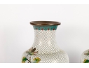 Pair Of Vintage White Cloisonné Floral Vases