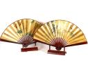 Pair Of Japanese Gilt Folding Fans On Stands