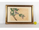 Framed Asian Painting On Silk Of Blue Jays And Blossoms