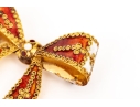 French 800 Vermeil Silver Beautiful Ornate Red And White Fringed Enamel Bow Brooch