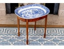 Antique English Blue Willow Serving Tray On Hepplewhite Style Wood Frame