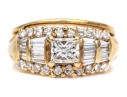 14k Radiant, Cut, Round And Baguette Diamond Ring With Attached Band, App. 1.02 TCW, Size 4.5