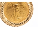 14k Yellow Gold Ornate Coin Holder Pendant With A 2001 $5 American Gold Eagle Coin