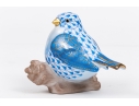 Herend Hungary Hand-Painted Porcelain Stout Bird Figure On Branch, Blue Fishnet Pattern