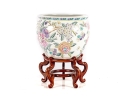 Mid-20th Century Chinese Famille Rose Porcelain Fish Bowl With Wooden Stand