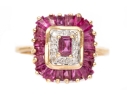 14k Yellow Gold Ruby And Diamond Cluster Ring, App. 0.03 TCW In Diamonds, Size 7.75