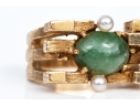 10k Yellow Gold Vintage Brutalist Style Nephrite Jade And Seed Pearl Set Ring, Size 4.75