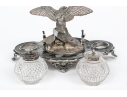 English Silver Plated Inkwell With Two Crystal Inkwells