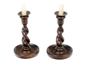 Pair Of Oak And Brass Barley Twist Candlesticks