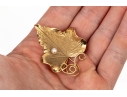 14k Yellow Gold Striking Vintage Textured Grape Leaf And Cultured Pearl Brooch