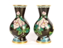 Pair Of Vintage Black Cloisonné Vases With Peony Motif
