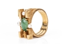 10k Yellow Gold Vintage Brutalist Style Nephrite Jade And Seed Pearl Set Ring, Size 4.75