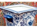 Pair Of Decorative Blue And White Twin Handled Square Beaker Vases