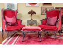 Pair Of Custom Upholstered Queen Anne Style Armchairs With Associated Ottoman