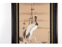 Pair Of Framed Asian Paintings On Silk Of Cranes
