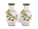 Pair Of Vintage White Cloisonné Floral Vases
